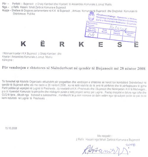 Kerkese per vendosjen e shtatores se Skenderbeut ne Bujanoc